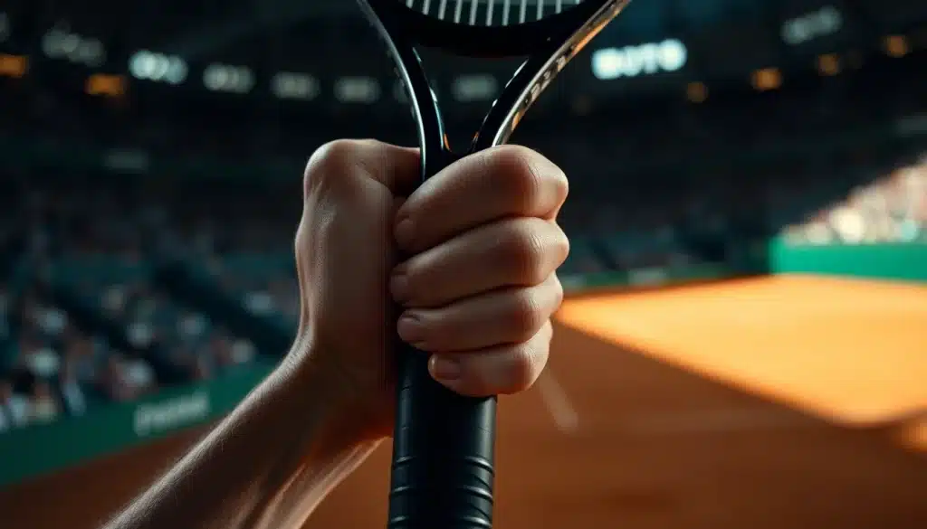 Break au tennis : main d'un joueur serrant sa raquette lors d'une balle de break décisive