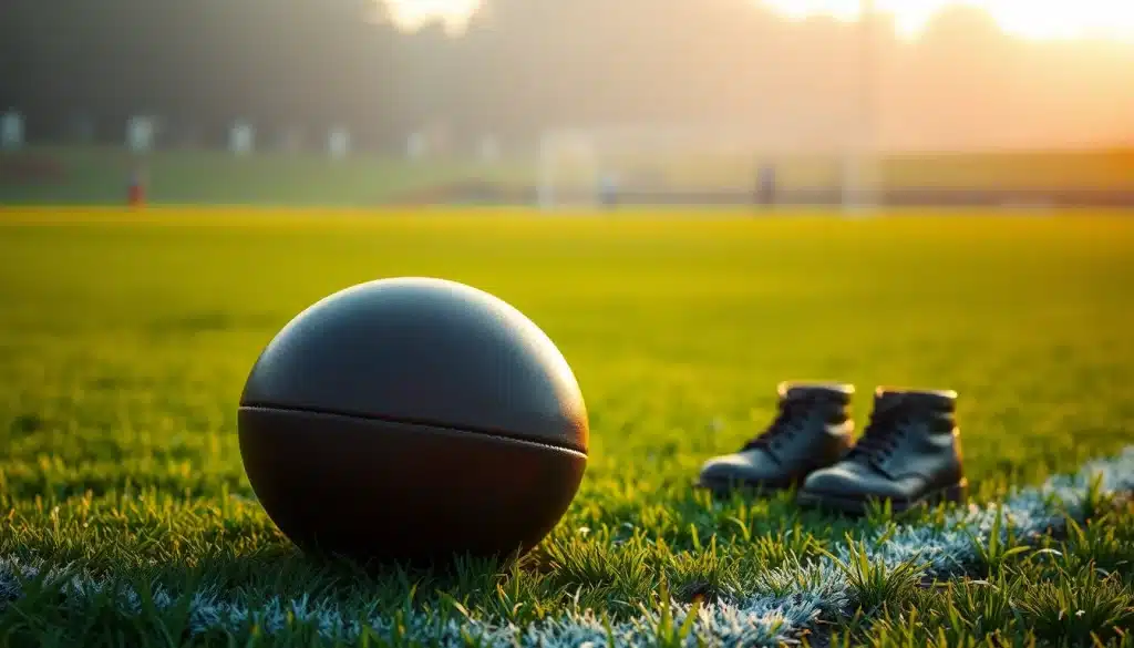 Création du football : ballon vintage en cuir sur un terrain herbeux évoquant les origines du sport