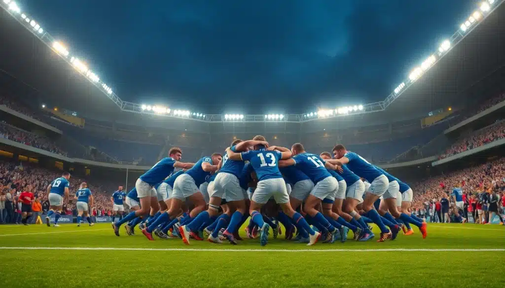 Scène de match de rugby entre la France et l'Angleterre, rivalité historique du Crunch