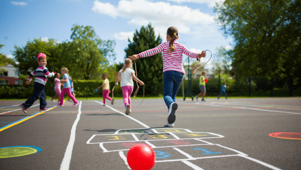 Jeux de cour de récréation : enfants jouant à la marelle et au ballon dans une cour d'école ensoleillée