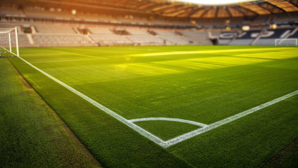 Longueur d'un terrain de football vue en perspective depuis le corner avec les lignes blanches sur pelouse verte