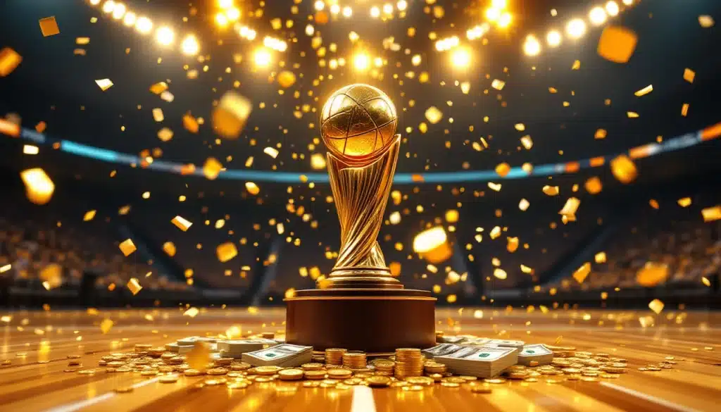 Plus gros salaire NBA 2025-2026 : trophée NBA et arena de basketball