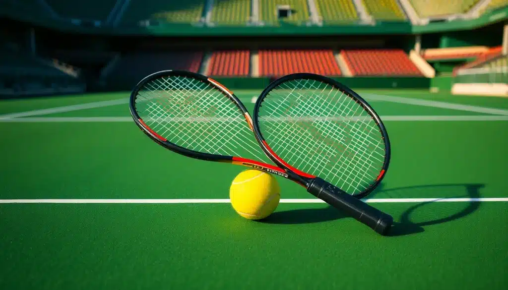 Tennis en double : raquettes et balle sur un court de double avec couloirs latéraux