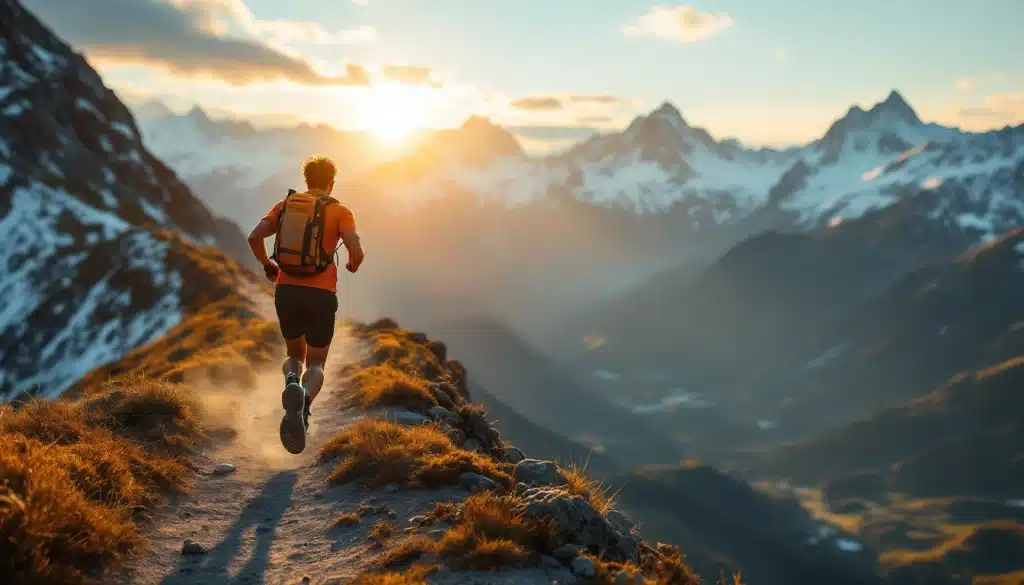 Traileur français en action sur un sentier de montagne alpin au coucher du soleil