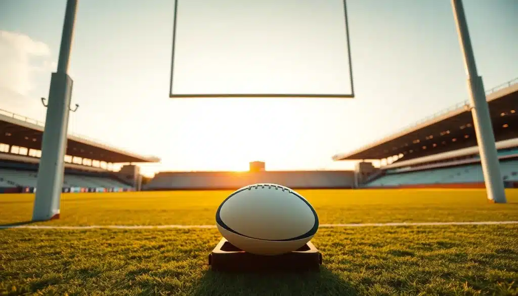Poteaux de rugby et ballon sur un tee : illustration des buts au rugby