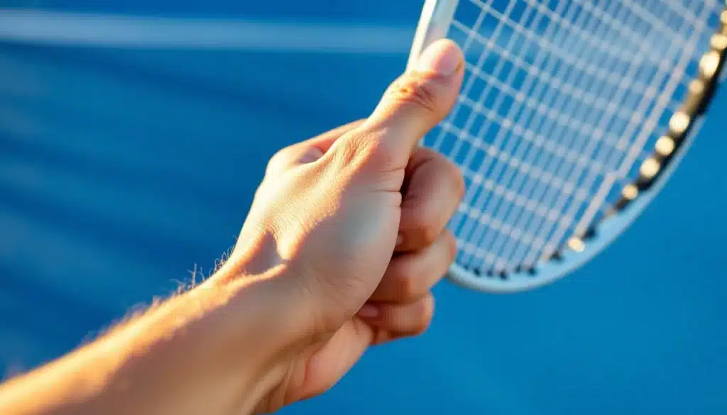 Main en continental grip tennis sur le manche d'une raquette, biseau 2 visible