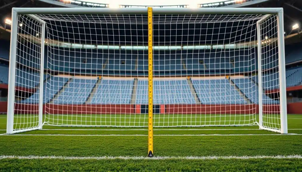 Hauteur d'un but de foot mesurée au mètre ruban jusqu'à la barre transversale à 2,44 m