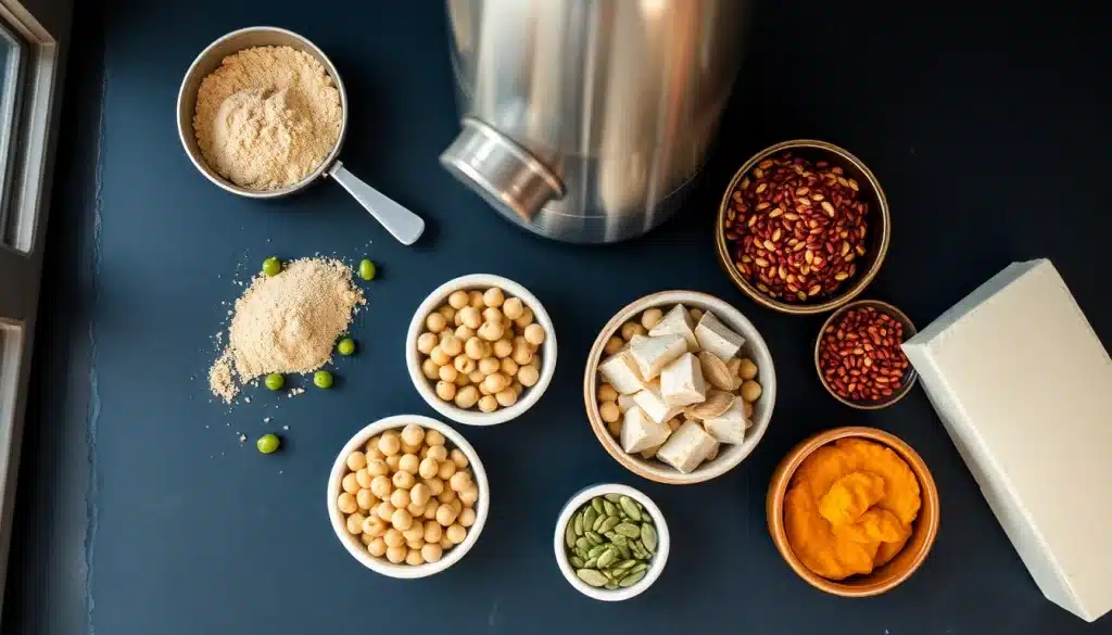 Meilleures protéines végétales pour la musculation : poudre de pois, pois chiches, quinoa, graines de courge et tofu