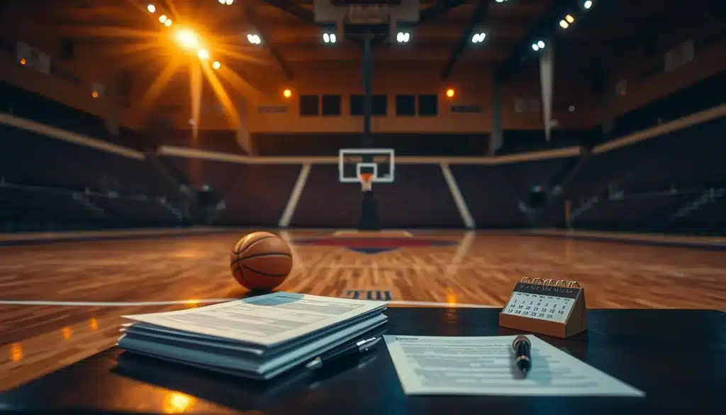 Ballon de basket et documents de contrat sur un parquet NBA illustrant le salaire d'un joueur NBA par mois