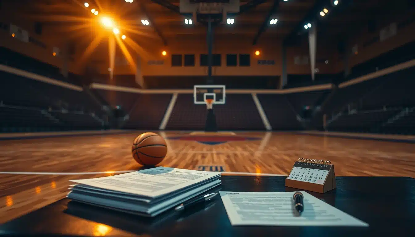 Ballon de basket et documents de contrat sur un parquet NBA illustrant le salaire d'un joueur NBA par mois