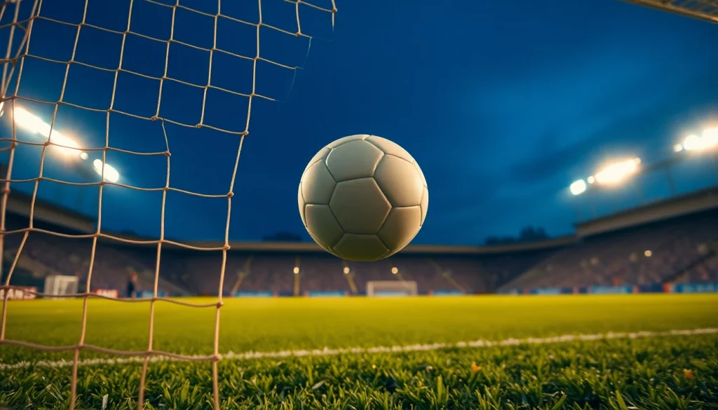 Top 20 des meilleurs buteurs : ballon dans le filet d'un but de football dans un stade éclairé
