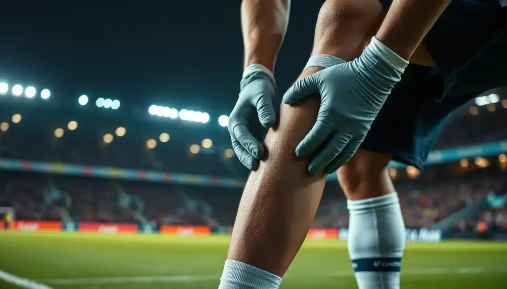 Blessure de Barcola : mollet d'un footballeur examine par le staff medical au bord du terrain