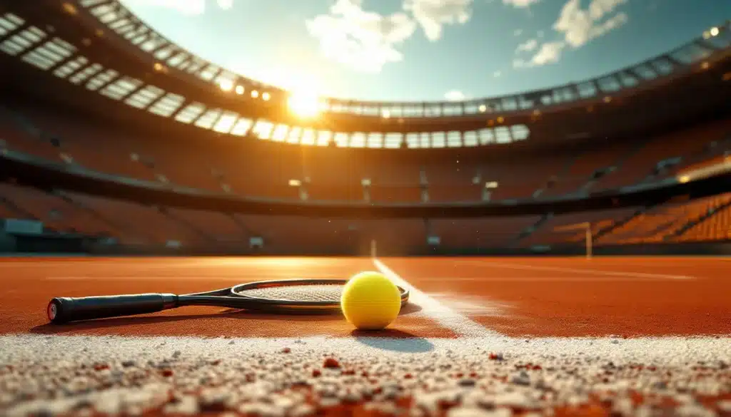 Cobolli tennis : court en terre battue et raquette dans un stade au coucher du soleil