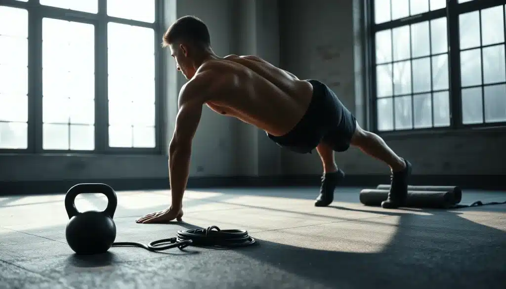 Exercice pour perdre du ventre : gainage et kettlebell dans une salle de sport