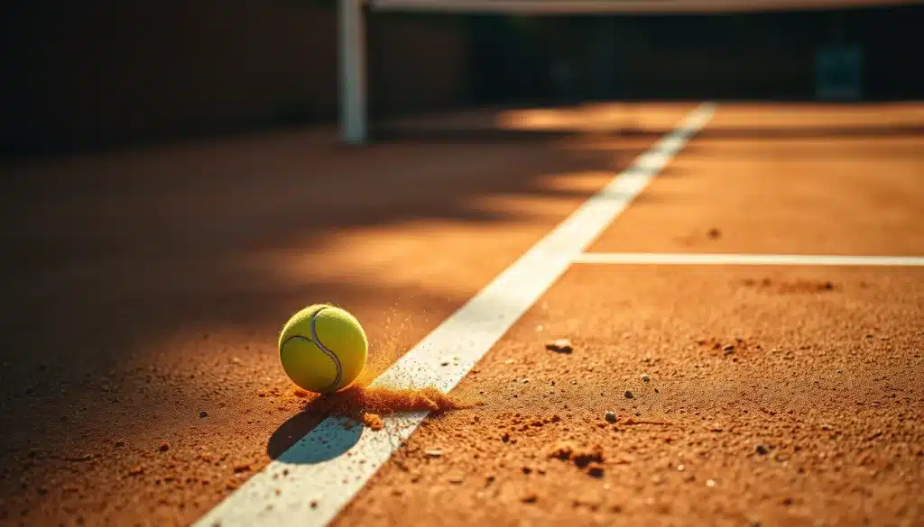 Balle de tennis tombée hors de la ligne sur terre battue, exemple de faute au tennis