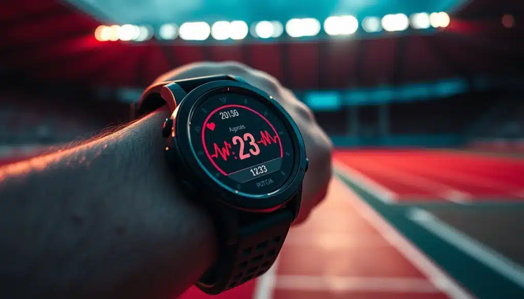 Montre cardio affichant la fréquence cardiaque anaérobie pendant un effort sur piste