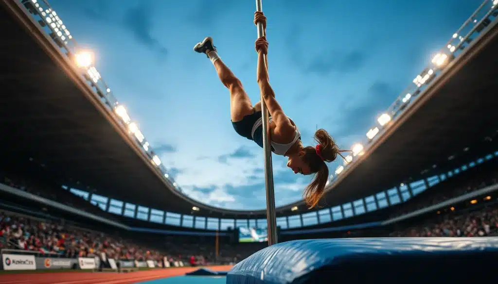 Johanna Duplantis en pleine action au saut à la perche dans un stade d'athlétisme