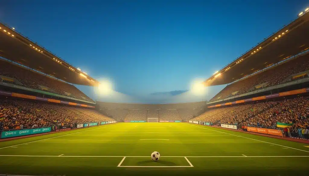 Stade africain comble avant un Mali vs Sénégal, pelouse éclairée et tribunes aux couleurs des deux nations