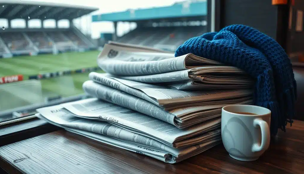 Presse anglaise et Chelsea : pile de journaux britanniques et écharpe bleue devant un stade