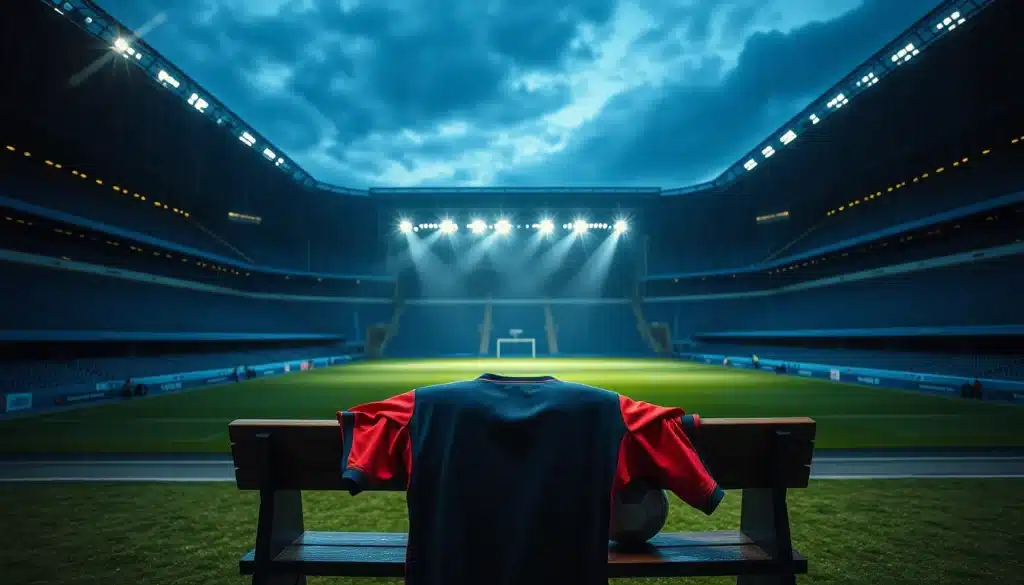 Stade vide et maillot sur un banc illustrant le dossier PSG Rodrygo transfert