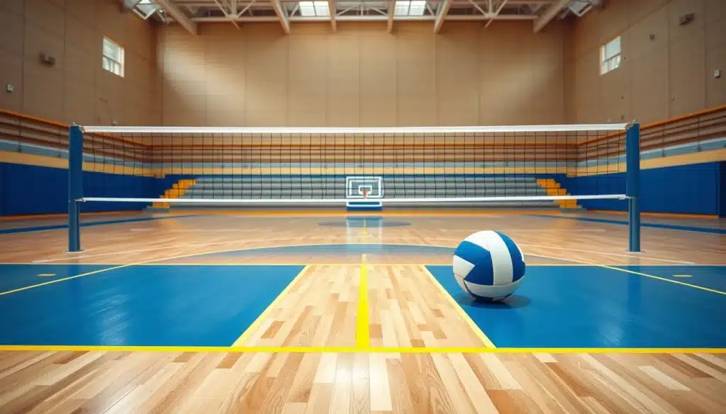 Terrain de volley-ball vide avec filet réglementaire illustrant la règle du volley-ball