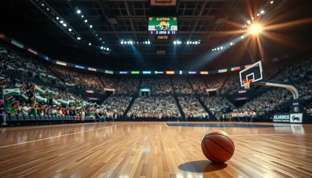 Salle comble lors d'un match de basketball en Slovénie