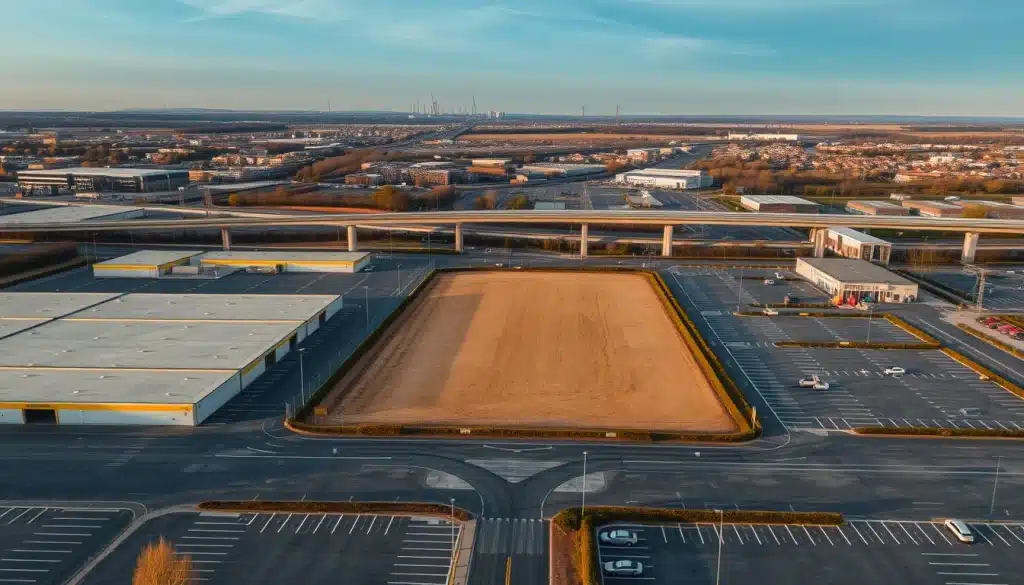 Vue aérienne d'une zone commerciale francilienne, site envisagé pour le stade du PSG à Massy